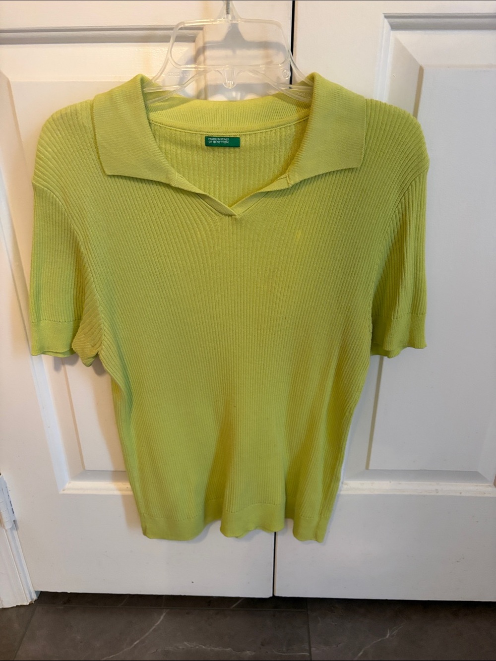 Benetton, Open Collar Ribbed Knit Short Sleeve Sweater